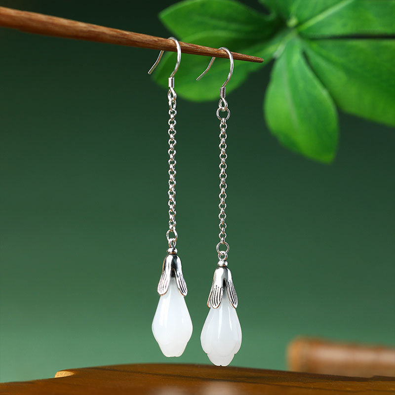 Luxury Gifts Jewelry & Watches Namfleg Mostar - Weiße echte Jade-Blumen-Ohrringe, Stein, Geschenke, Damen-Accessoires,